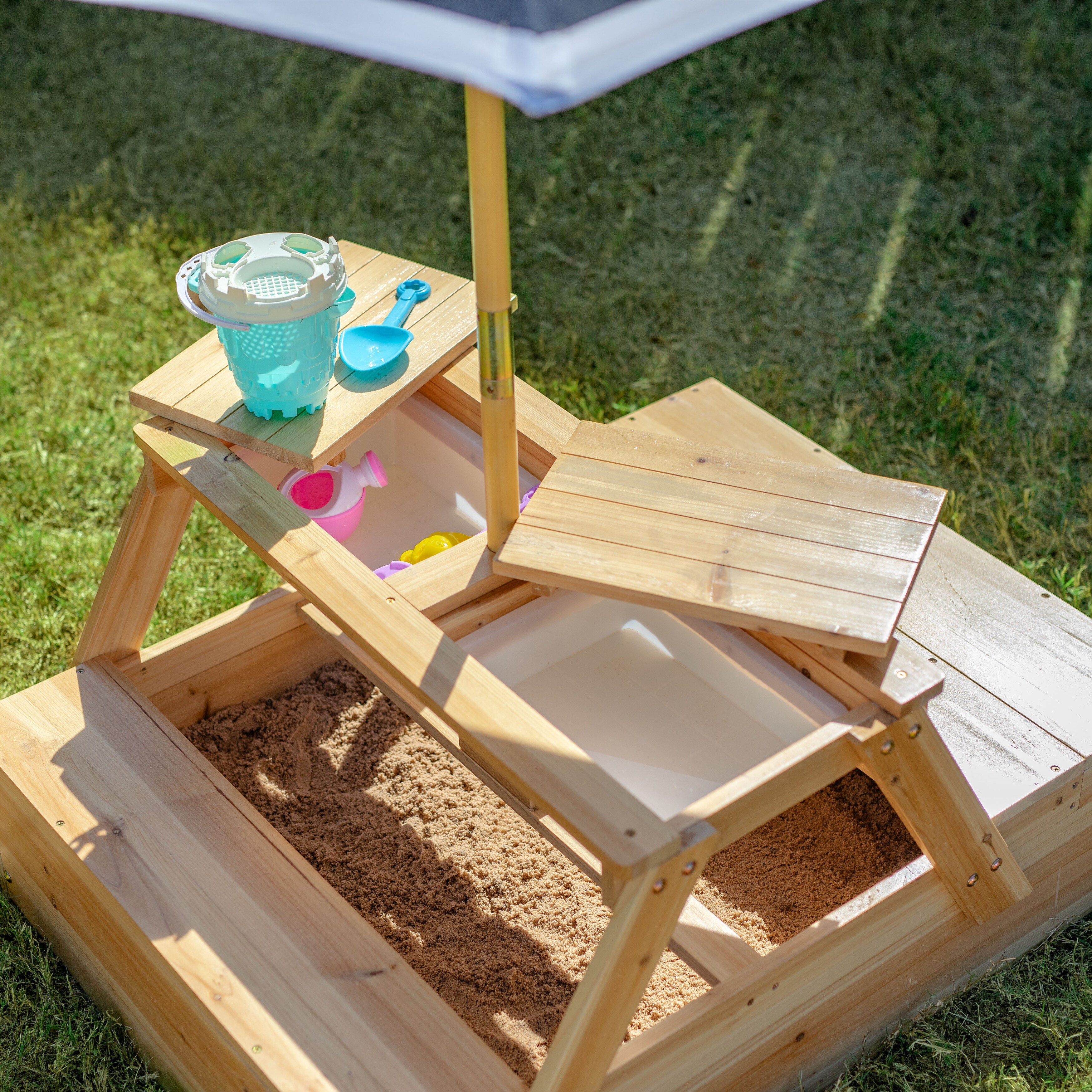 Teamson Kids 2-in-1 Wooden Picnic Table and Sandbox with Umbrella